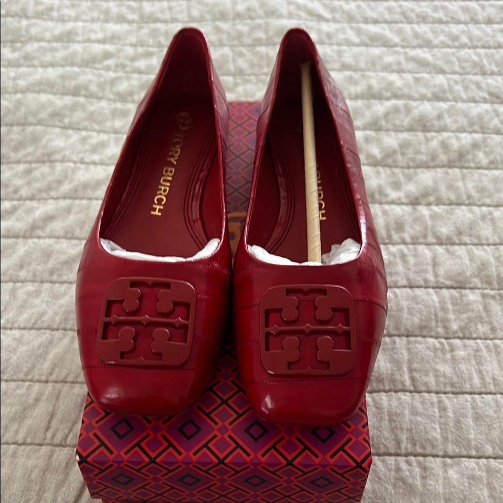 Tory Burch Red Flats Square Toe Logo